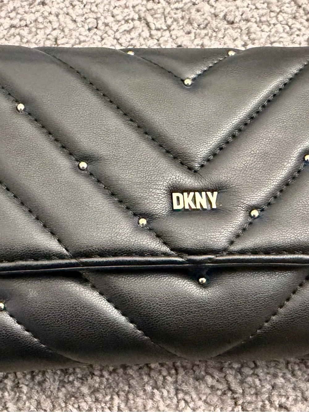 DKNY Black Quilted Leather Wallet with Stud Accents